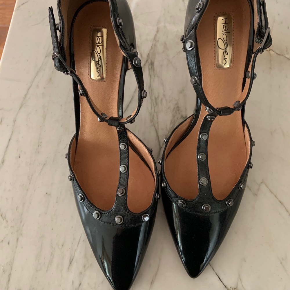 Halogen Martine T Strap Heels.. Black patent leather/studded 10M